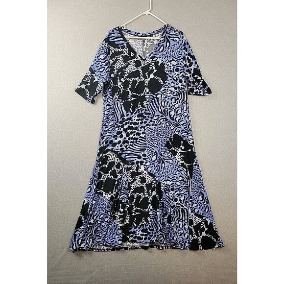 Attitudes Blue Animal Print Godet Midi Dress Women's Petite XL Stretch Pockets - Picture 1 of 13